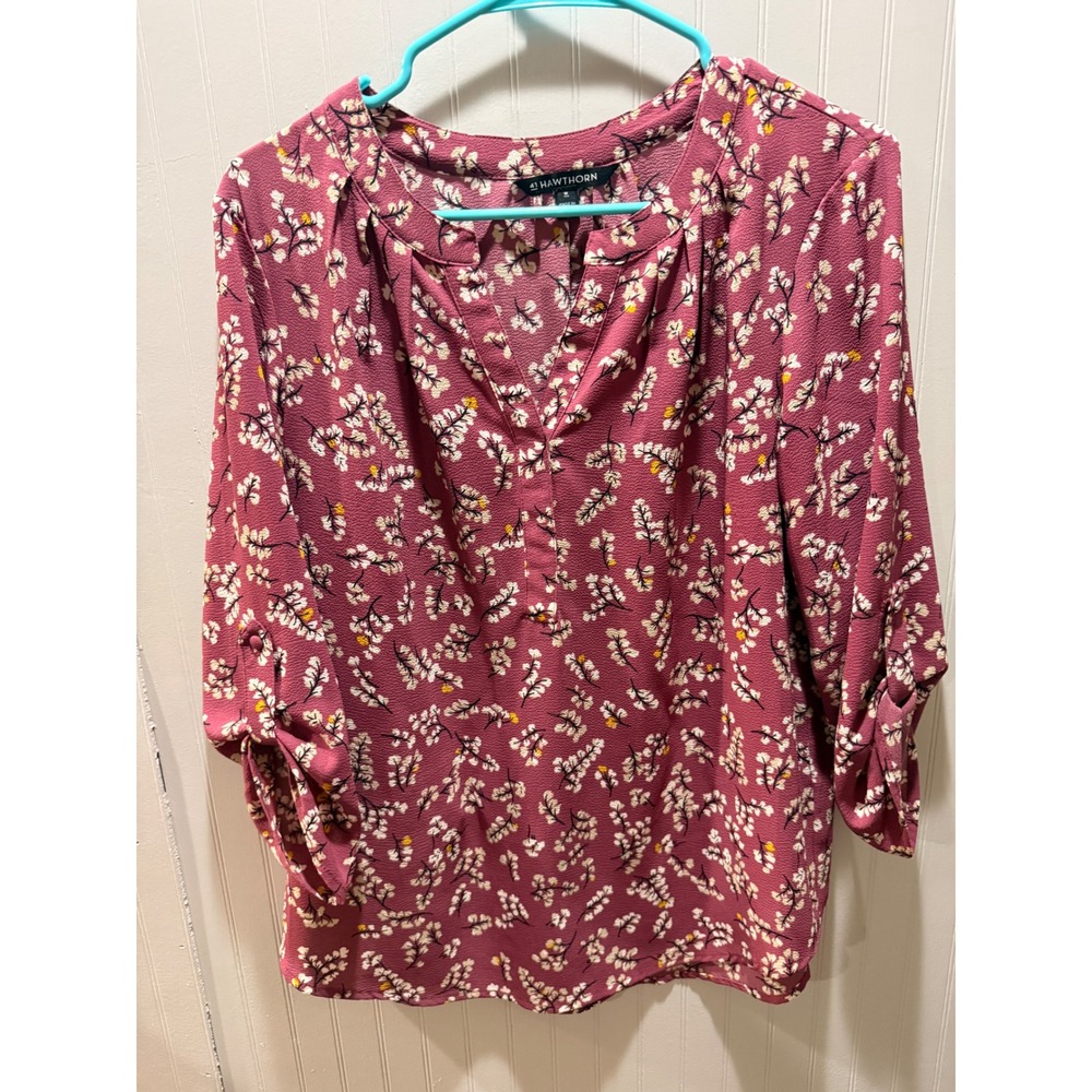 41 Hawthorn Womens Medium Floral Roll Tab Sleeve Blouse Split Neck Mauve Pink